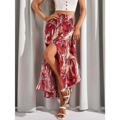 China Topshow Anti-static Floral All Copy Pleated Layer Side Split Design Chiffon Women Cold Feeling Long Skirt for sale