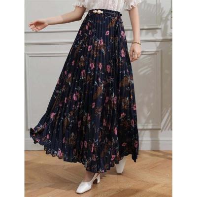 China Anti-Static High Waist Chiffon Floral Print Pleated Ruffle Around Women Wrap Long Skirt for sale