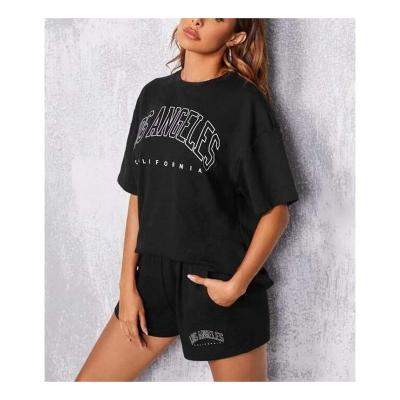 China '2022 Anti-Pilling Custom Cotton Highwaist Logo Custom Tee And Biker Shorts Women Two Piece Set for sale