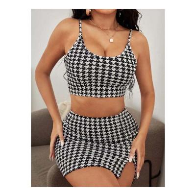 China Houndstooth Cut Sexy Cami Top Women's Waterproof Clothing Bottoms and Slit Skirt Women's Two Piece Set for sale