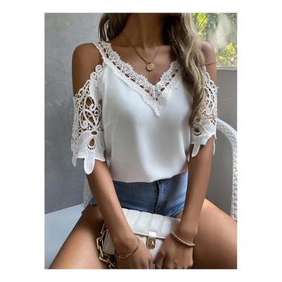 China Anti-pilling 2022 summer women fashion design label casual chill white guipure lace blouse for ladies for sale