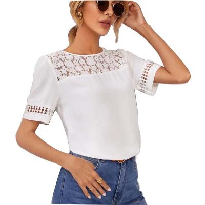 China 2022 New Stain Breathable Cute Women Embroidered Eyelet Contrast Short Sleeve Lace Top Blouse for sale