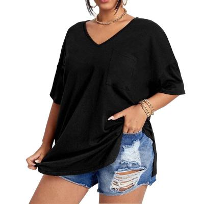 China Simple Women's Solid Color Anti-Wrinkle Tunic Plus Size Pocket Loose Top Pocket T-Shirt Plus V-Neckline for sale