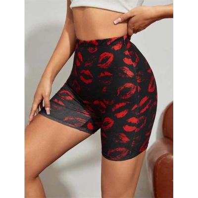 China Anti-Wrinkle High Waist Yoga Cycling Shorts Print Women Shorts High Waist Lips Print Biker Shorts for sale