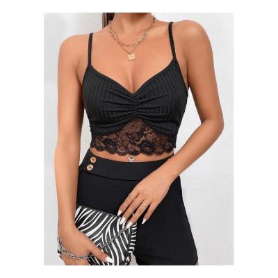 China Anti-wrinkle women's casual tanks cotton blackContrast lace up sleeveless camis camis ruched backless top for sale