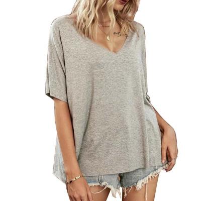 China Anti-pilling solid color V-neck upper loose T-shirt new summer casual T-shirt ladies for sale