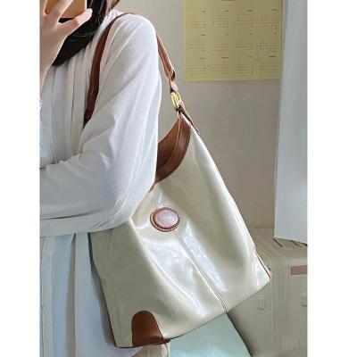 China Women PU Leather Bag Large Capacity Tote Bag Fashion Splicing Nice White Shopping Bag 100% New Designs Eco-friendly/Lightweight/Cheap Retro for sale