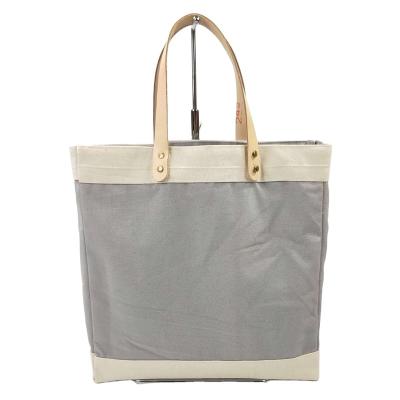 China Plain Gray Splicing High Quality Gift Bag 100% Canvas Eco-friendly/Lightweight/Cheap Cotton Tote Bag Women White Handbag Fashions With Leather Handles for sale