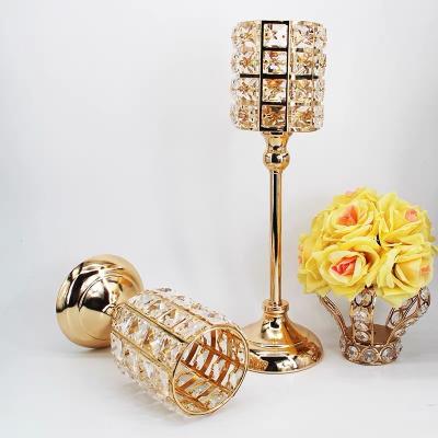 China Luxury Home Wedding Decorative Table Pillar Candlestick Tall Gold Crystal Candle Holders for sale