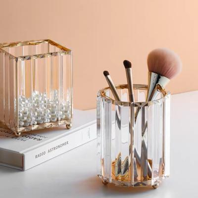 China Viable Luxury Gold Glass Makeup Brush Box Desktop Makeup Brush Holder Crystal Pen Holder for sale