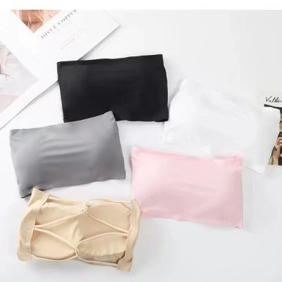 China Beautiful solid color QUICK DRY strapless back made of ice silk fabric padded women back elastic top tube bra bralette chest tube top bra for sale