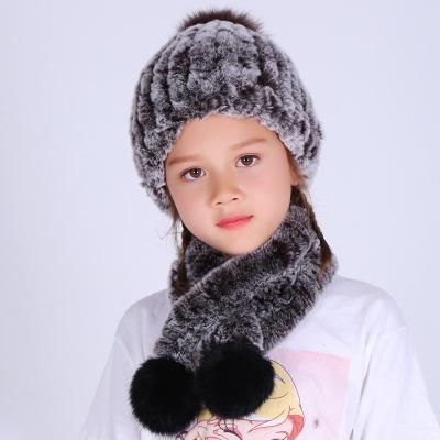 China Medium Rex Rabbit Fur Hats and Warm Soft Knitted Kids Real Scarves Scarf Fur Hat and Warm Scarf Set Winter for sale