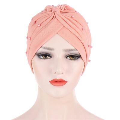 China Muslim Women Cotton Headwear Scarf Head Wrap Pearl Bandanas Chemo Hat Women Cover Up Hood Hijab Turban Hat TO-111293 for sale