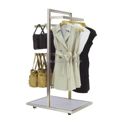 China Easy Universal Rack 2 Way Display Metal Assembly Adjustable Shelves Hanging Handbag and Clothing Store Display Stand for sale