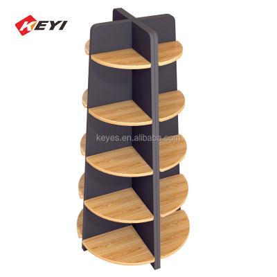 China Durable Supermarket Retail Store Floor Tower Display Rack 5 Tiers Square / Round Wooden Display Stands for sale