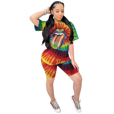 China 200927 Hot Sale Women's S TO 2XL QUICK DRY 200927 Casual Fashion Tie Dye Lip Short Sleeve Shorts Suit Two Piece Suit for sale