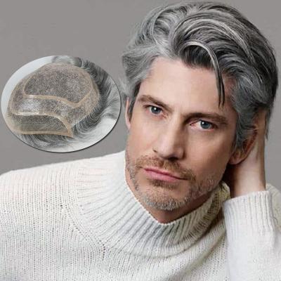 China Mono Top With PU Around Gray Silver Hair Mens Replacement Human Hair Mens Low Hairline Human Hair 1B80 Mono Hairpiece Man Capilar Protese Masculina Hairline Front Hairline for sale