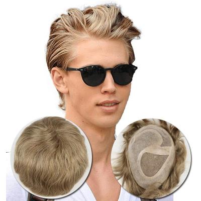 China Virgin Hair #18 Ash Blonde 8x10inch Hair Piece For Men Fine Welded Mono Top With PU Skin Around Hair Replacement System Men Toupee for sale