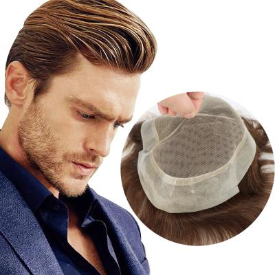 China Men Straight Hairpiece Australia Double Lace With PU Around Brown Color 100% Indian Hair Replacement System Glue Wigs For Men Hairpiece for sale