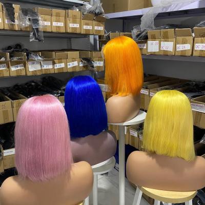 China Tangle 13x4 Bob Lace Front Human Hair Wig No Colored Virgin Hair Wigs PrePlucked 613 Blonde Orange Yellow Red Blue Pink Short Bob Cut Wig for sale