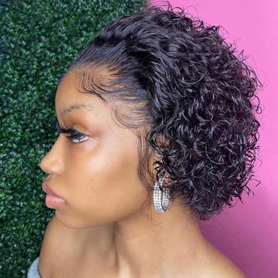 China Original Pure Natural Curly Hair Wigs Brazilian Pixie Cut Wig For Black Short Virgin Hair Transparent Lace Front Human Hair Wigs Deep Water Wave Wigs for sale