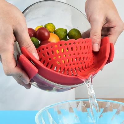 China Sustainable Food Grade Silicone Strain Clip-On Strainer Dishwasher Safe Colander Adjustable Fits All Cooking Pots And Bowls Colander for sale