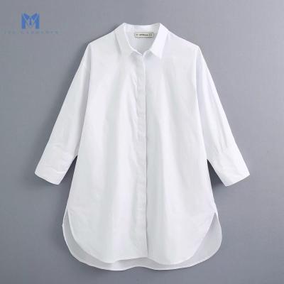 China Plain Style Women Anti-pilling Poplin Blouse Office Lady Casual White Side Buttons Decoration Split Shirts for sale