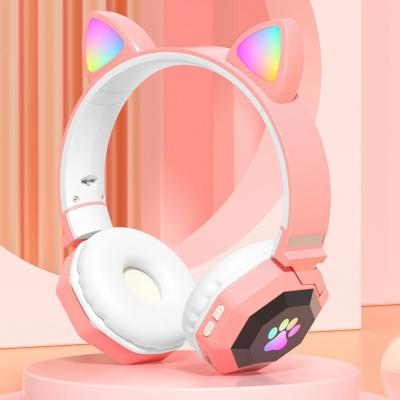 China Cute Blue Stereo Music Earphone Headset RGB Tooth 5.0 Cat Ear Wireless Headband Earphone Mobile Phone With Microphone Kids Children Gift for sale