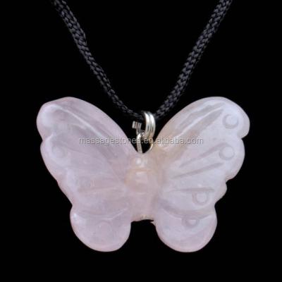 China Rose Quartz Transformationally Carved Rose Quartz Gemstone Butterfly Pendant for sale