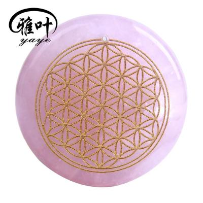 China Europe Rose Quartz Engraved Natural Flower of Life Palm Stone for Wholesale for sale