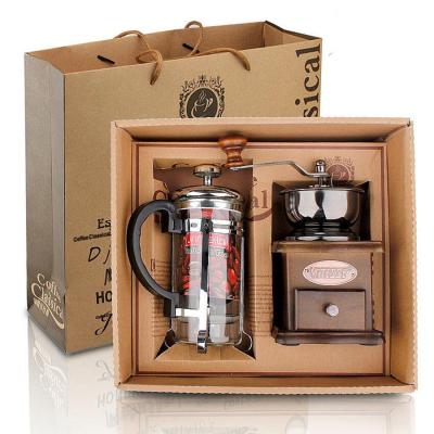 China Amazon Hot Selling Stored Coffee Accessories Gift Box Wooden Manual Coffee Grinder With French Press 350ml Glass Coffee Maker for sale