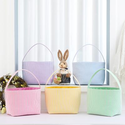 China High Quality Stripe Bunny Easter Basket Bunny Bucket Egg Bag Seersucker Easter Decoration White for sale