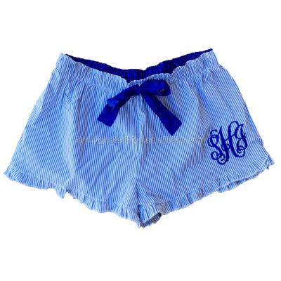 China Wholesale White Monogram Cotton Seersucker QUICK DRY Sleep Shorts Ruffled Women's Pajama Shorts for sale