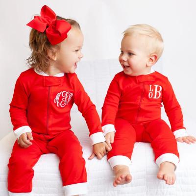 China Red Christmas Monogram Butt Flapper Pajamas Kids Breathable Soft Cotton Christmas Pajamas Set for sale