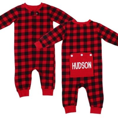 China Kids Breathable Christmas Monogram Baby Buffalo Plaid Butt Flap Romper One Piece Pajamas for sale