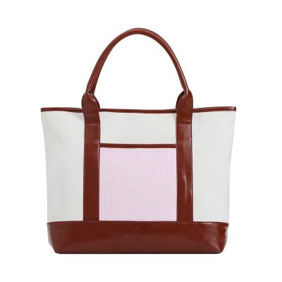 China High Quality Leather Tote Bags Large Capacity Monogrammed Pink Striped Cotton Seersucker Women Tote Bags for sale