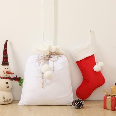 China High Quality Red Plush Pom Pom Velvet Christmas Stocking Velvet Christmas Stocking Decor Gift for sale