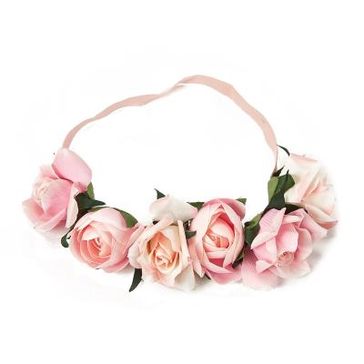 China New Design Sweet Artificial Pink Rose Bride's Flower Crowns Headband Wedding Party Hair Accessories for sale