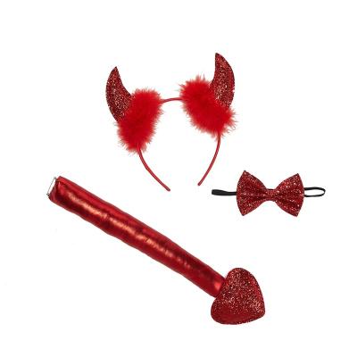 China Fashion Halloween Carnival Party Supplies Costume Glitter Plush Headband Sparkle Bow Headband and Red Heart Tail Devil Set for sale