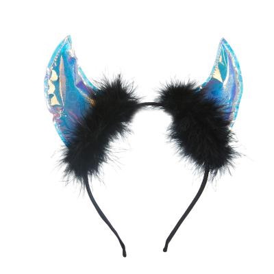 China Beautiful Halloween Laser Blue Devil Horn Headband Beef Horn Hair Band Black Quilt Halloween Party Hair Accessories for sale