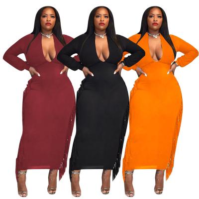 China Wholesale Washable Plain V Neck Long Sleeve Elegant Sexy Tassels Bandage Elegant Sexy Women Plus Size Bodycon Autumn Dress for sale