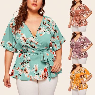 China Plus-Size Breathable V-Neck Ladies' Short Sleeve Printed Loose Chiffon With Deep V Waistband Shirt for sale