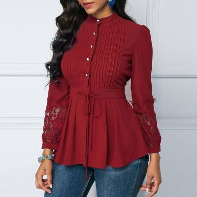 China Anti-pilling New Fashion Women Spring Autumn Chiffon Long Sleeve V-Neck Girls Solid Button Plus Size Loose Tops T-shirt Blouse for sale