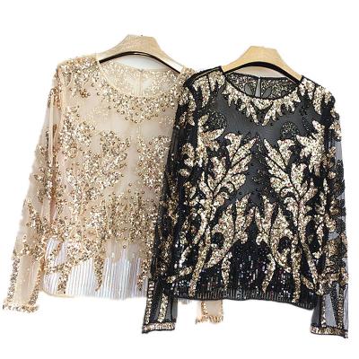 China Anti-wrinkle new arrival ladies sexy party see shirts blouse transparent sequined tops for women for sale