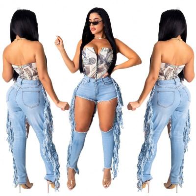 China New Style Girls QUICK DRY Women's Casual Ripped Jeans Fashion Pants Side Fringe Fringe Trend Denim Pants for sale