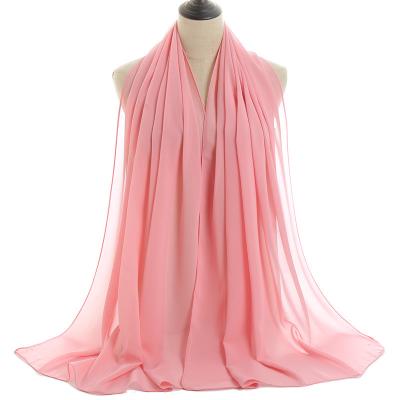 China 2022 Casual Wholesale Women's Long Muslim Chiffon Headscarf Wraps Simple Solid Color Malaysia Female Sunscreen Hijab Gauze Scarf Turban for sale