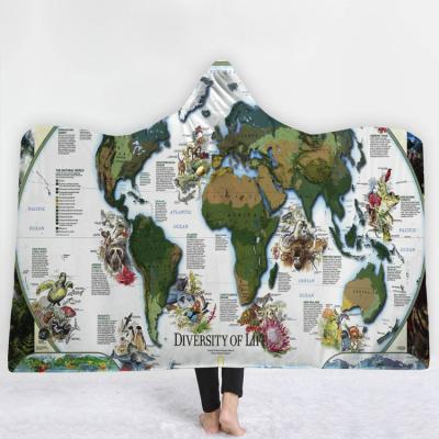 China PORTABLE Painted World Map Printed Blanket Short Coat Fur Hooded Blanket for sale