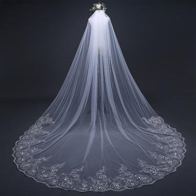 China Lace Pattern Wedding Bridal Veils Factory High Quality One Layer Long Lace Veil Large Veil Wedding Bridal Accessories For Bride for sale