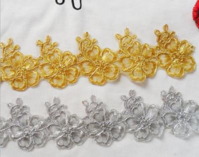 China Gold Wire Embrodery Lace Edge with Cord Embroidery Sliver Lace Trim for sale