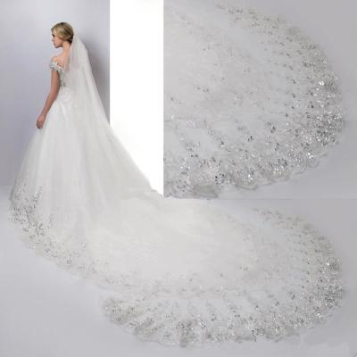 China 4 M X 1.8 M Swiss Mesh Base Ivory/White  Bridal Veil with Bead for sale